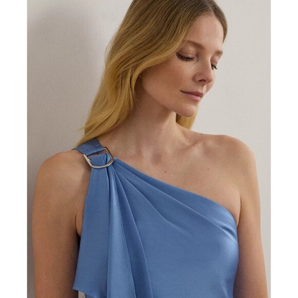 295$ Lauren Ralph Lauren Satin Charmeuse One-Shoulder Gown Dress Size 10 Blue - Picture 3 of 4